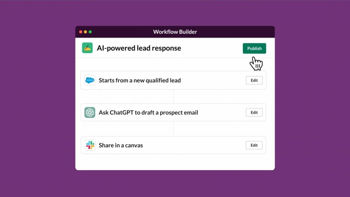 A mockup image of Slack's Slack GPT chatbot, showing a user creating a workflow using Slack GPT's Workflow Builder tool.