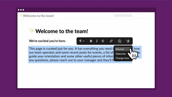 A mockup image of Slack's Slack GPT chatbot, showing an option to shorten, elaborate or change the tone of a selected message.