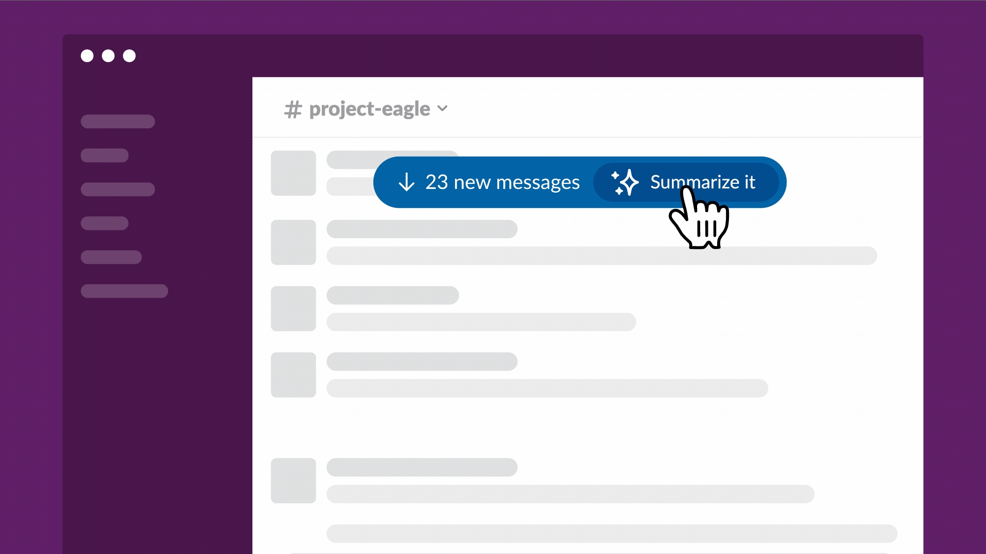 Uma imagem de maquete do chatbot Slack GPT do Slack, mostrando um usuário iniciando o processo de resumo de uma longa sequência de mensagens.