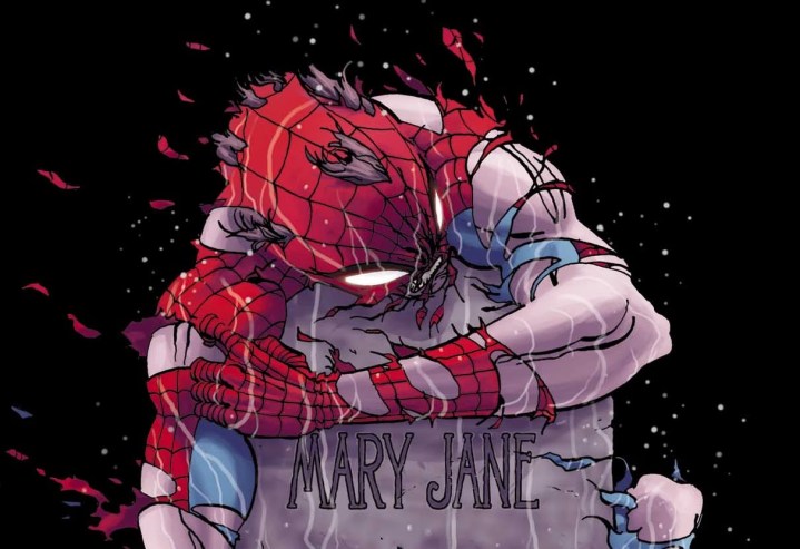 Spider-Man holding Mary Jane's tombstone in the cover for "Spider-Man: Reign #1."