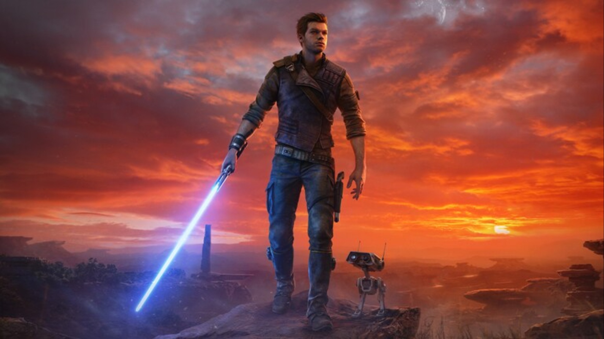 Star Wars Jedi: Survivor anahtar çiziminde mavi ışın kılıcını kullanan ve BD-1 ile yürüyen Cal.