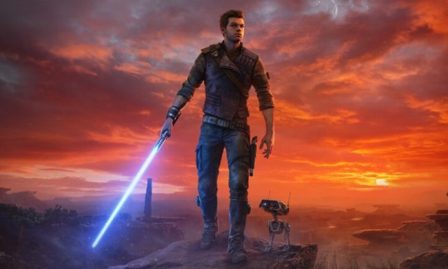 Cal wielding his blue lightsaber and walking with BD-1 in Star Wars Jedi: Survivor key art.