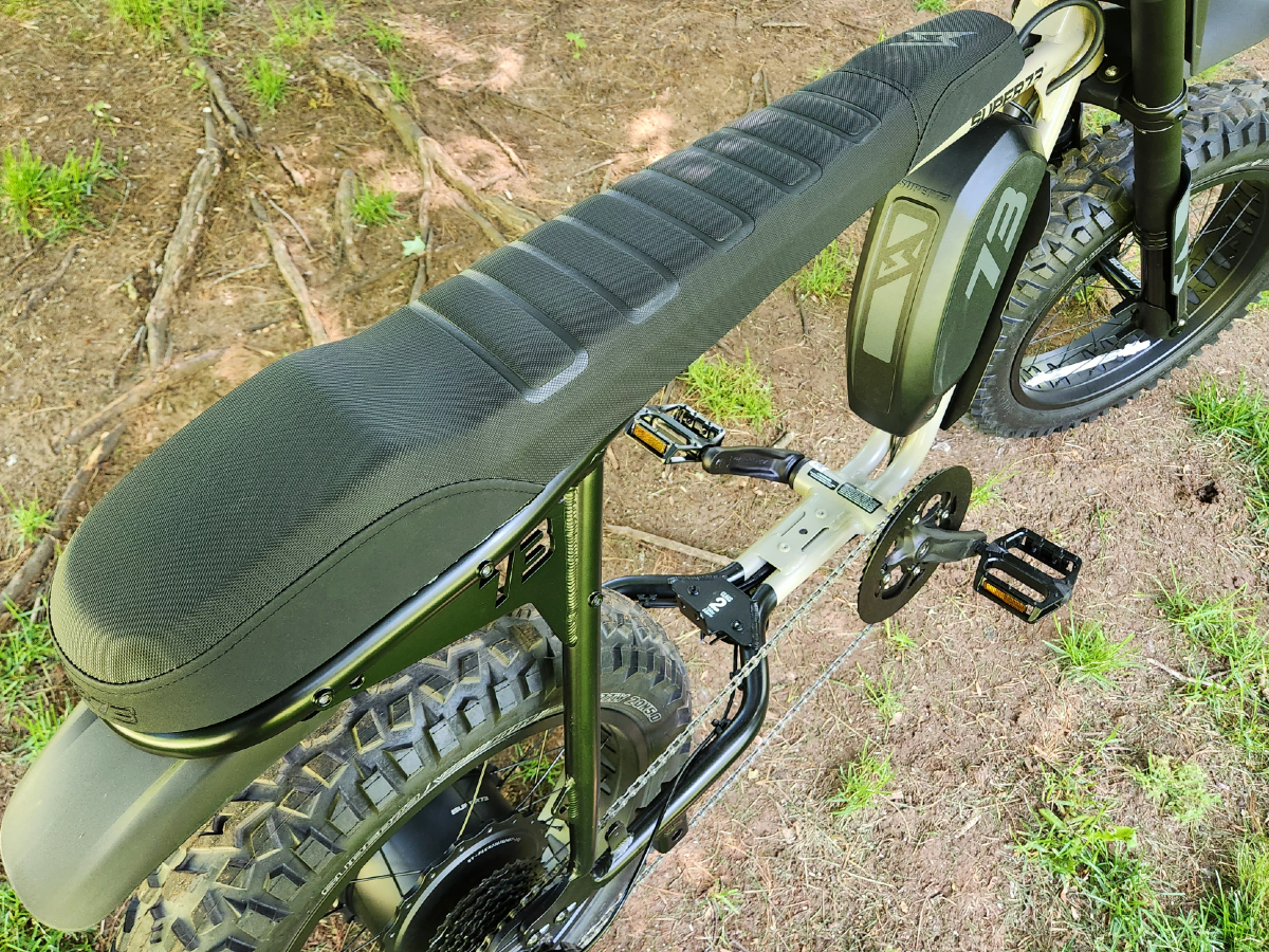 Super73 S Adventure long seat lets you slide for the best comfort and performance