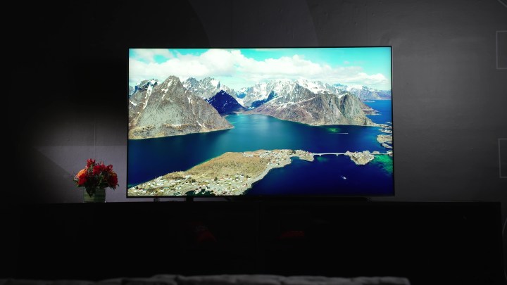 A fjord scene on the TCL QM8 Mini-LED TV in a darkened room. 