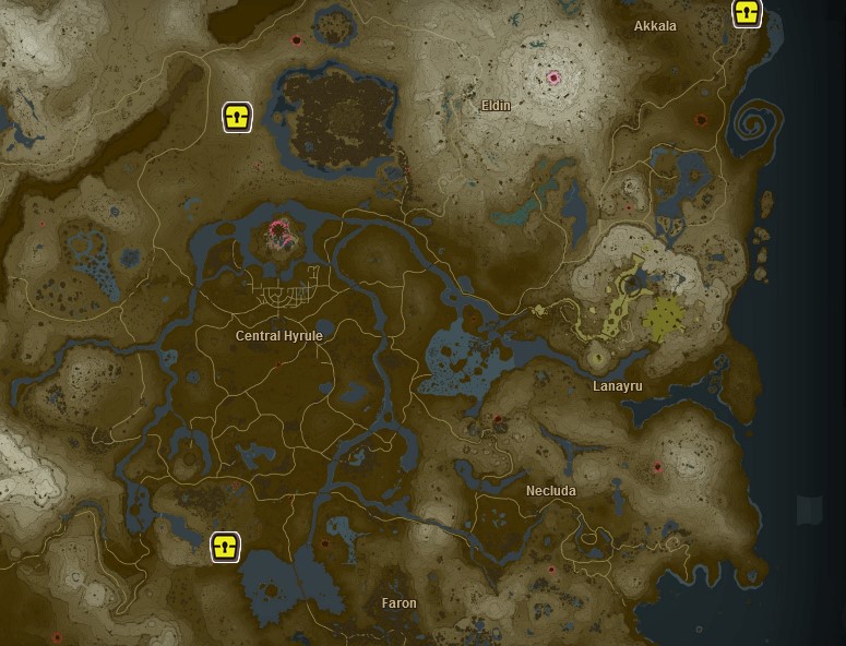 Um mapa mostrando a localização de três baús de tesouro.