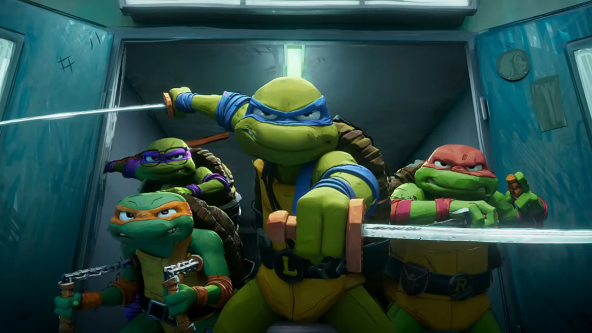 O TMNT está pronto para a batalha nesta imagem de Teenage Mutant Ninja Turtles: Mutant Mayhem.