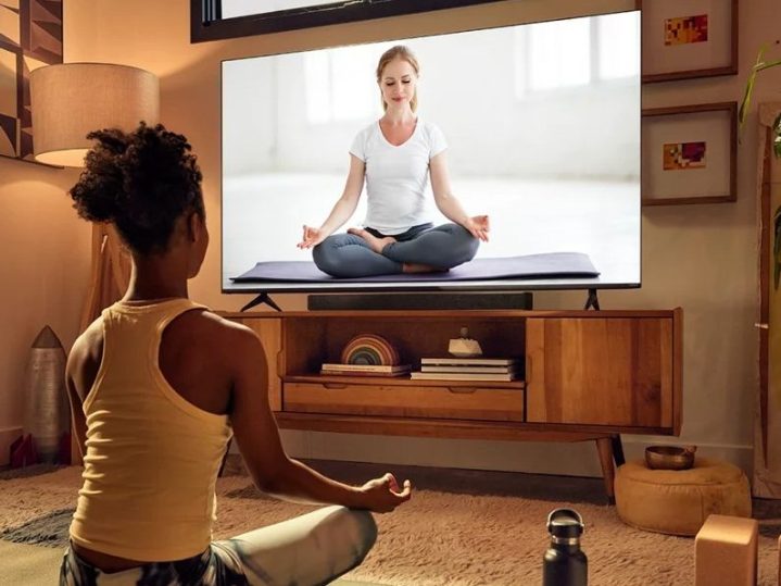 The VIZIO 65" Class M6 Series 4K QLED HDR Smart TV M65Q6-J09 being used as a meditation coach.