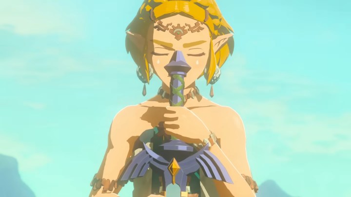 Zelda with the Master Sword in Tears of the Kingdom.