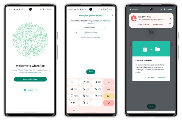 Três telefones Android mostrando telas de configuração do WhatsApp.