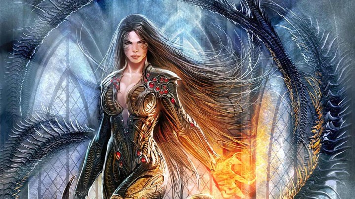 Witchblade stands in front of a gothic background.