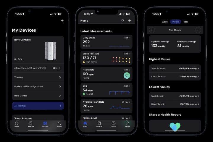 Screenshots taken from the Withings Health Mate app, showing BPM Connect's data.