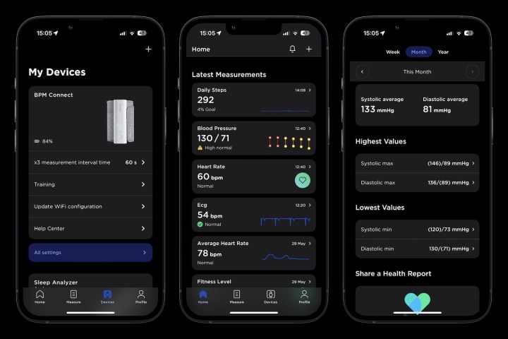اسکرین شات های گرفته شده از برنامه Withings Health Mate که داده های BPM Connect را نشان می دهد.