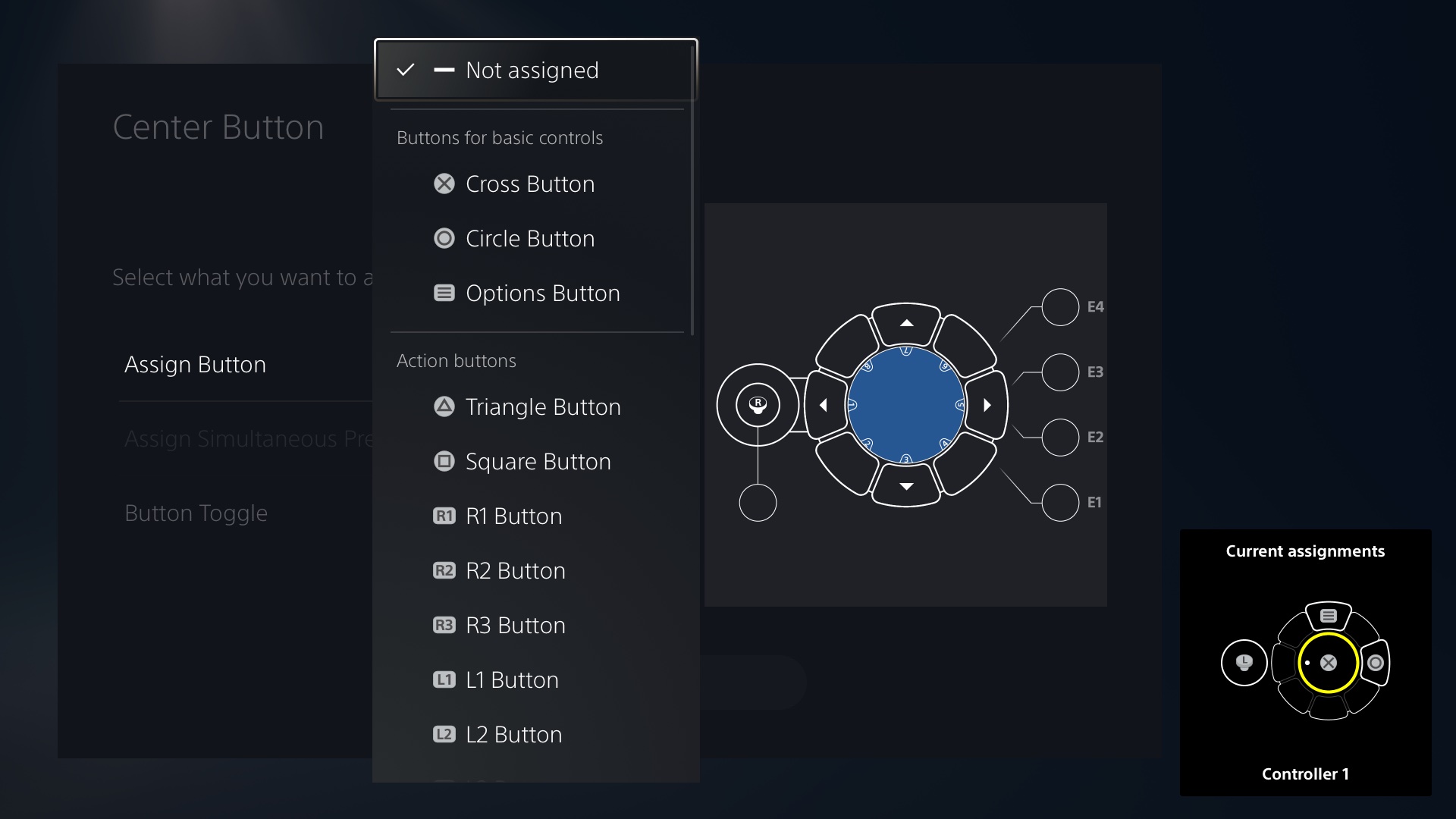 A interface do usuário para o controlador de acesso do PS5 mostra como remapear os botões.