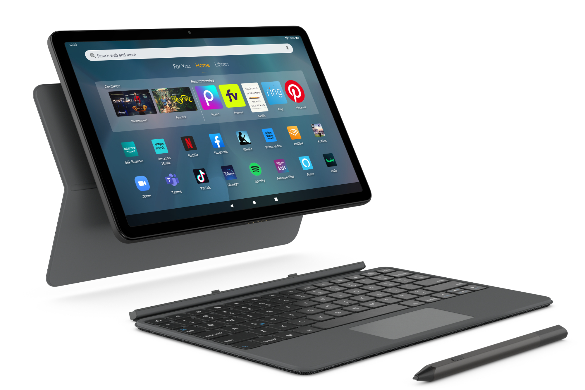 O tablet Amazon Fire Max 11 com seu estojo de teclado e acessórios de caneta.
