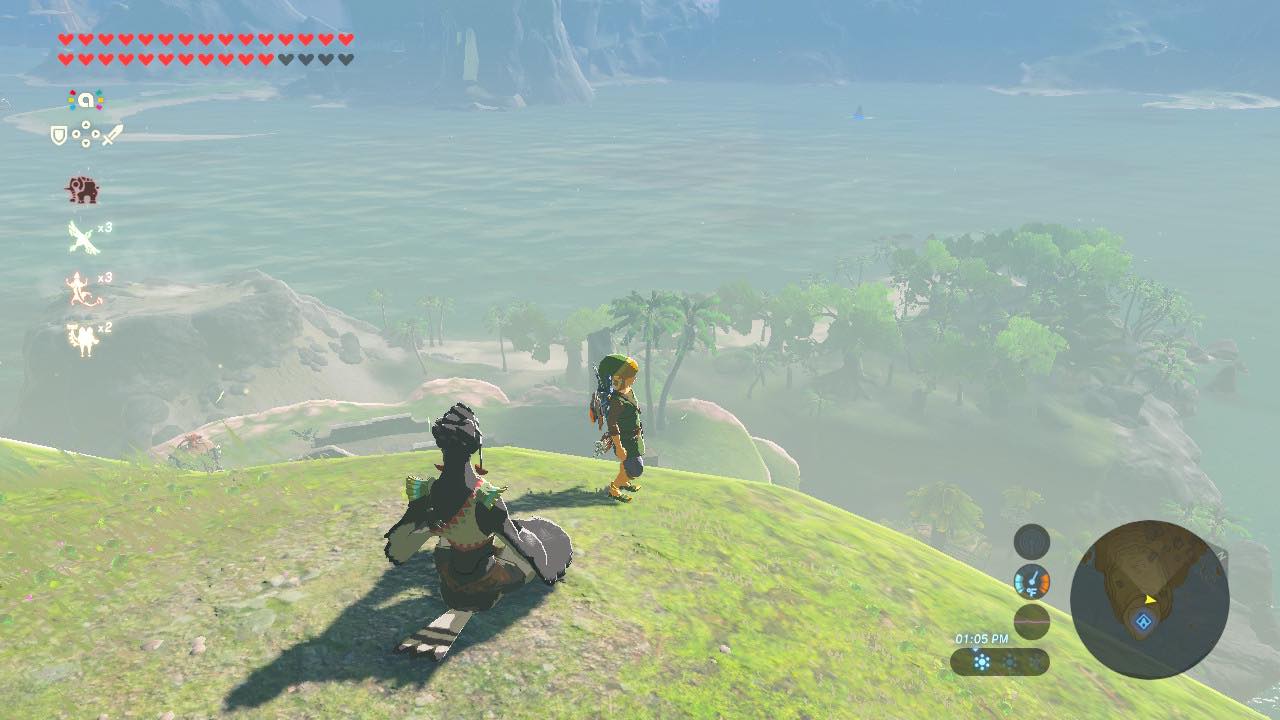 Link observa a Ilha Eventide em The Legend of Zelda: Breath of the Wild.