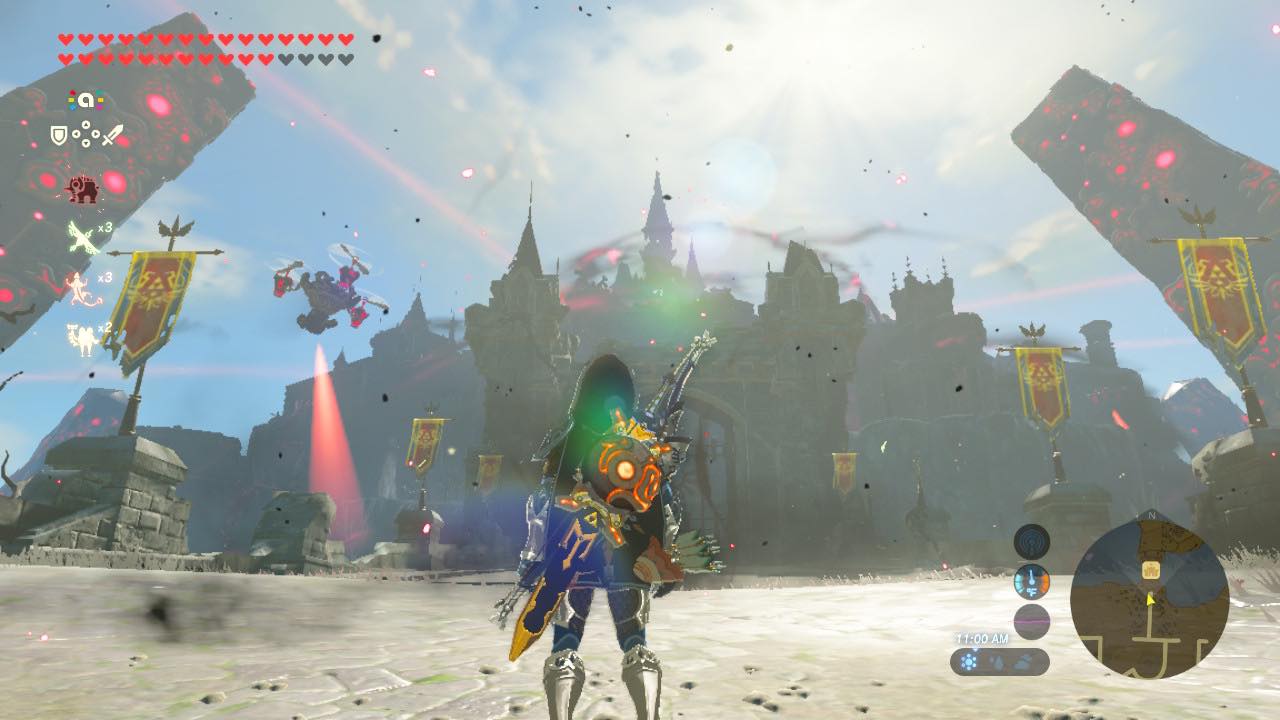 Link olha para o Castelo de Hyrule em The Legend of Zelda: Breath of the Wild.