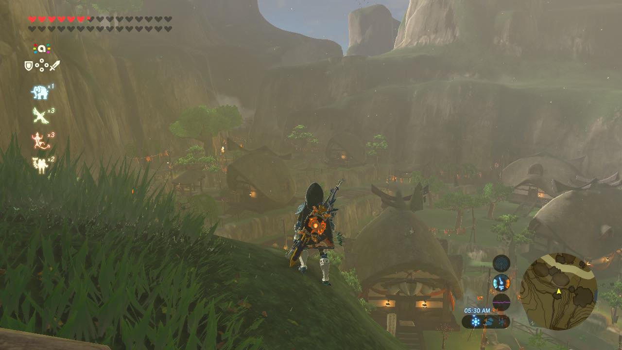 Link olha para Kakariko Village em The Legend of Zelda: Breath of the Wild.