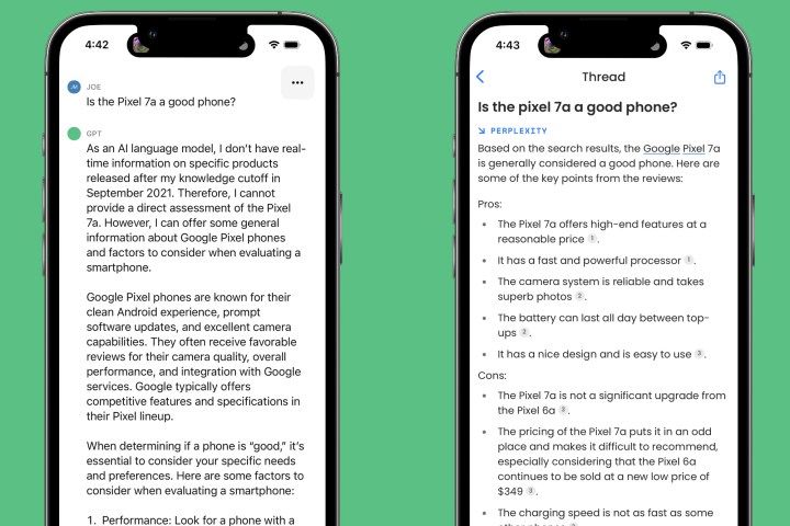 The ChatGPT and Perplexity AI apps on an iPhone, asking the question of "Is the Pixel 7a a good phone?".