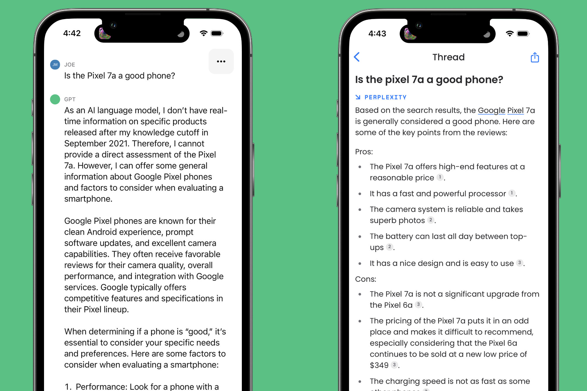 The ChatGPT and Perplexity AI apps on an iPhone, asking the question of "Is the Pixel 7a a good phone?".
