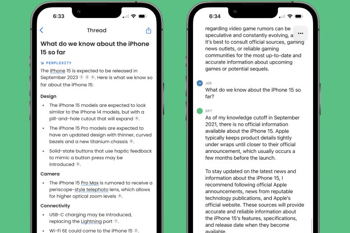 The ChatGPT and Perplexity AI apps running on iPhones, asking the question "What do we know about the iPhone 15 so far."