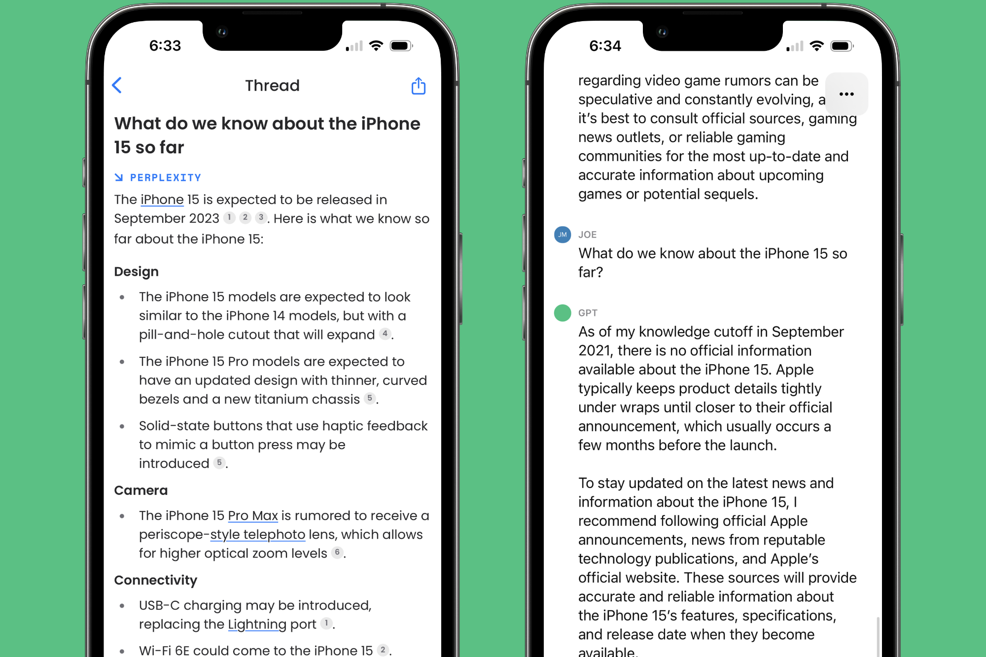 Os aplicativos ChatGPT e Perplexity AI rodando em iPhones, fazendo a pergunta "O que sabemos sobre o iPhone 15 até agora."