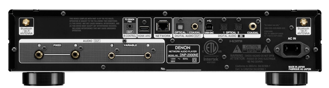Reprodutor de mídia de rede Denon DNP-2000NE, painel traseiro.