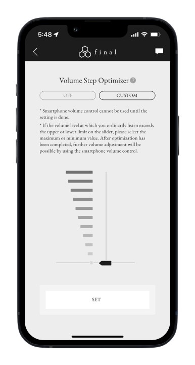 Final Connect app for iOS showing volume adjustment screen.