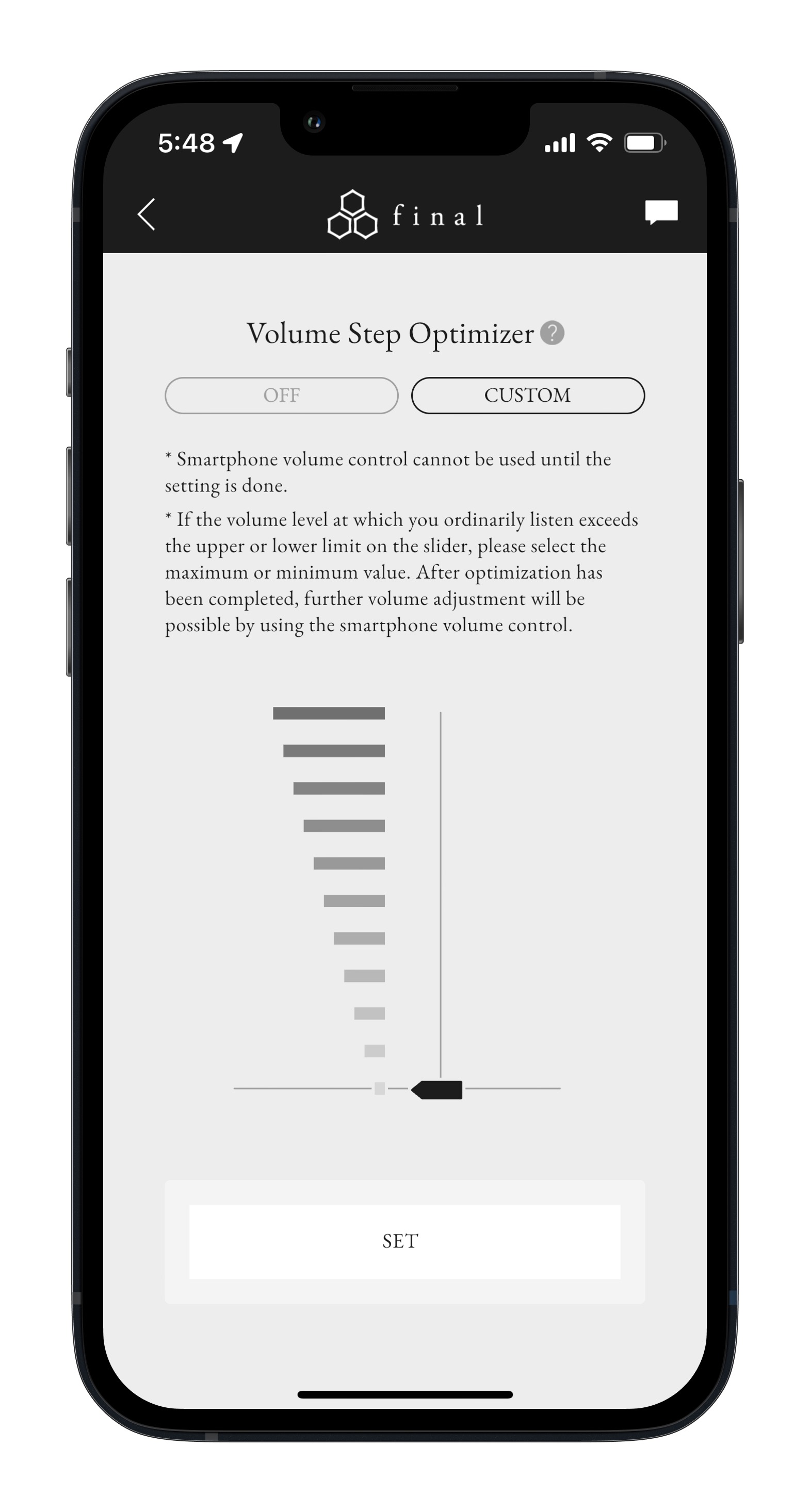 Aplicativo Final Connect para iOS mostrando a tela de ajuste de volume.