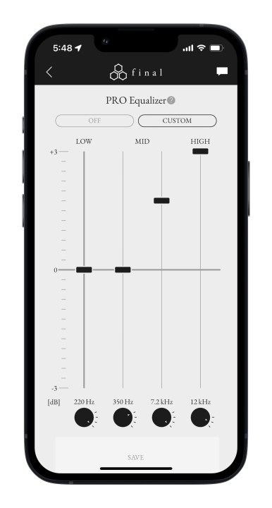 App Final Connect per iOS che mostra la schermata EQ.