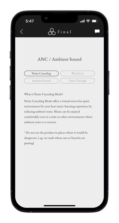 Final Connect app for iOS showing ANC screen.