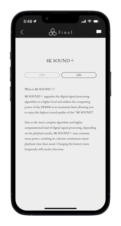 App Final Connect per iOS che mostra lo schermo audio 8K.