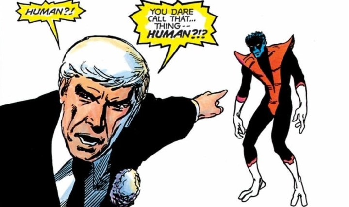 An old man points at Nightcrawler in X-Men: God Loves, Man Kills.