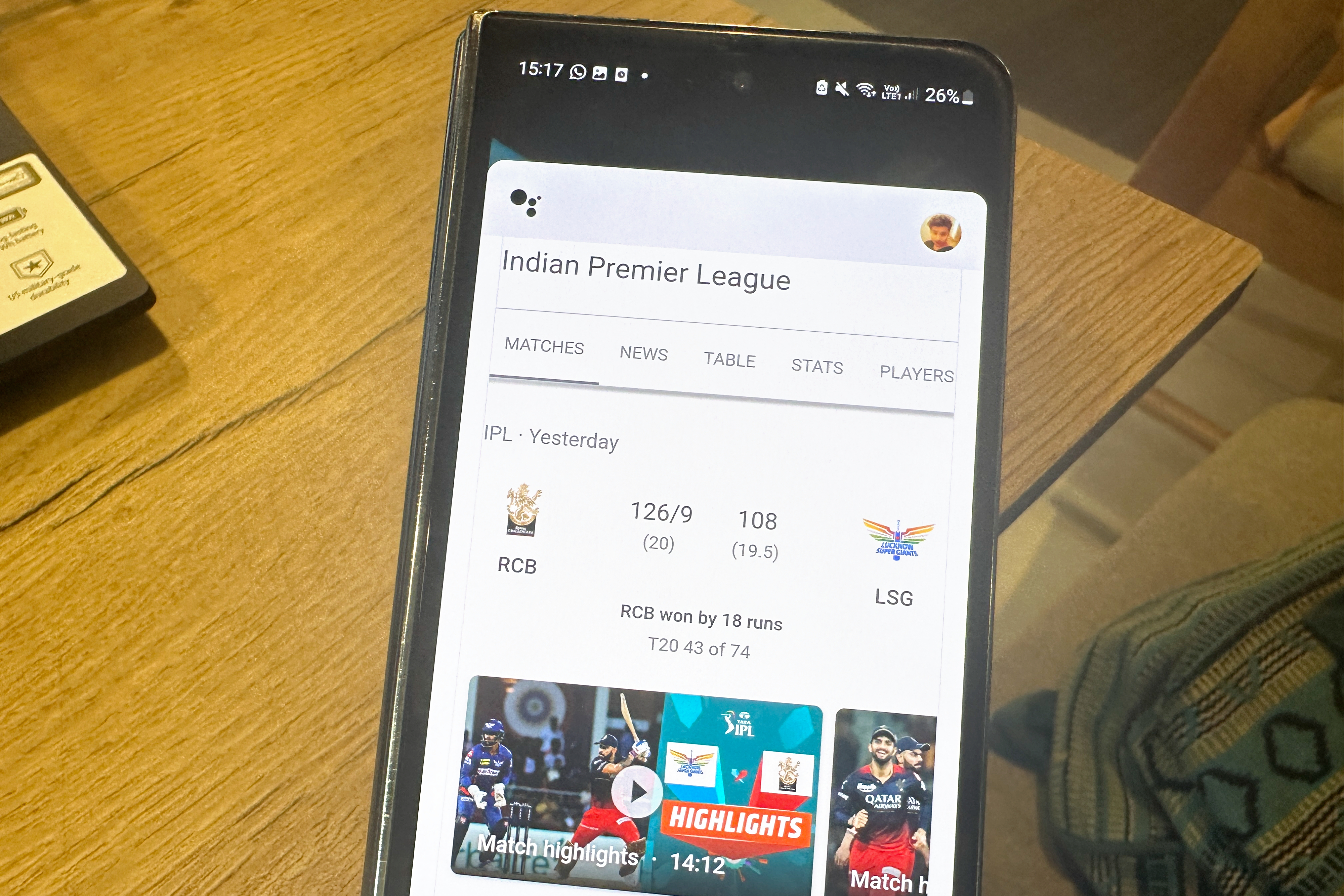 Live Score on an Android phone
