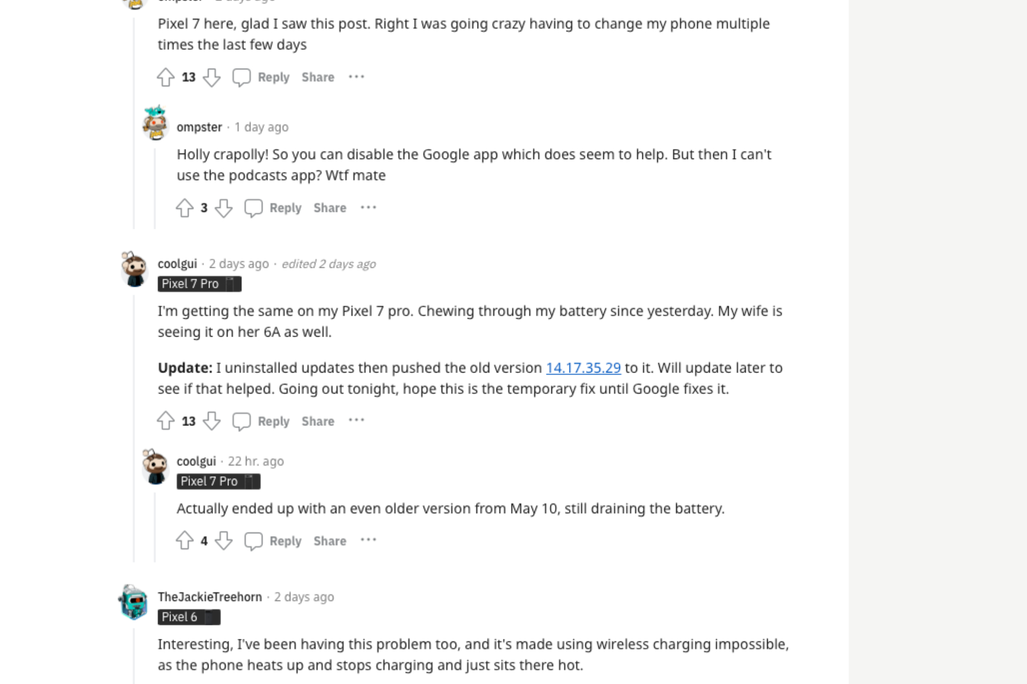 People on Reddit complaining about poor battery life for Google Pixel devices.