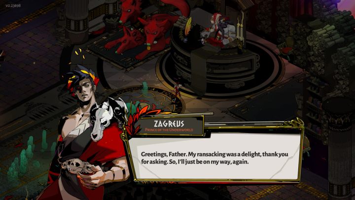 Zagreus is seen speaking to his father, Hades. Cerberus lays in the background behind a throne-like desk.
