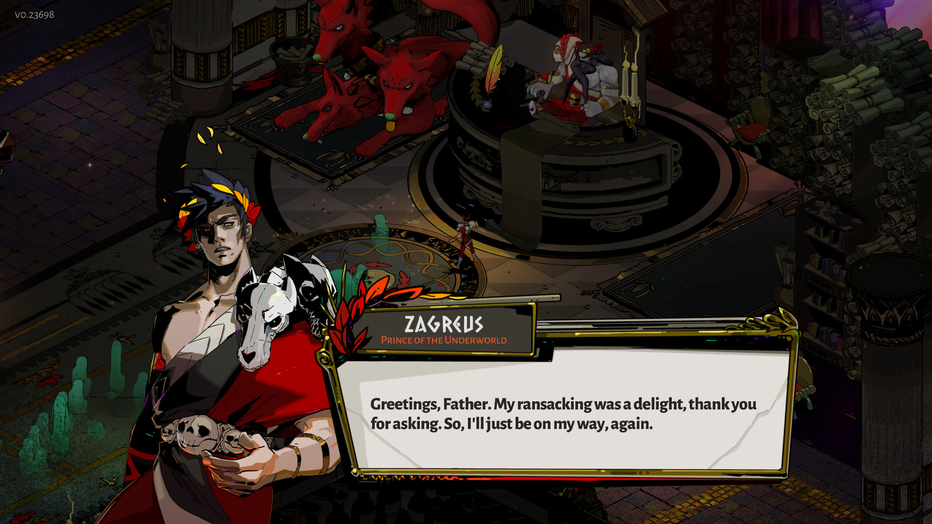 Zagreus é visto falando com seu pai, Hades.  Cerberus fica ao fundo atrás de uma mesa semelhante a um trono.