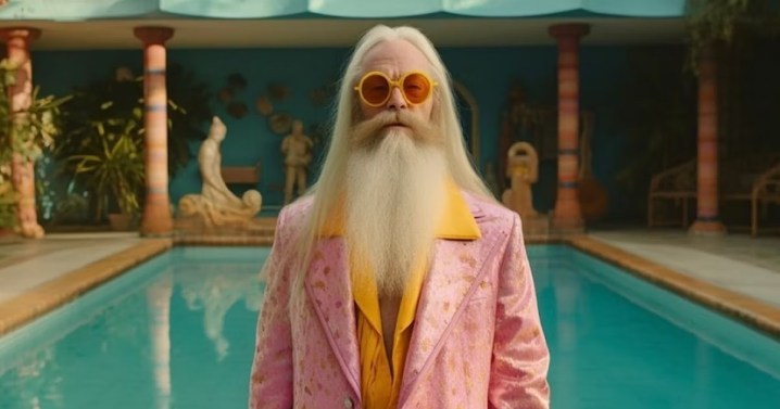 Professor Dumbledore by a pool in Wes Anderson's Harry Potter.