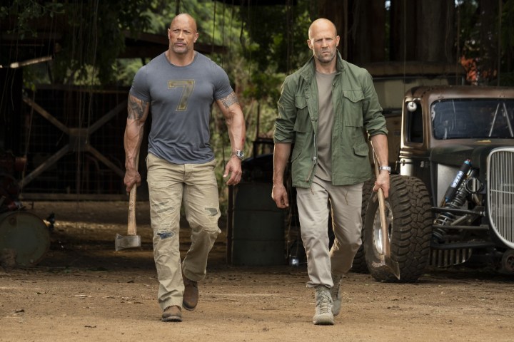 Two men walk in The Fast and the Furious Present: Hobbs & Shaw.