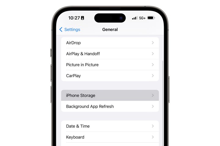 iPhone with iPhone storage option highlighted.