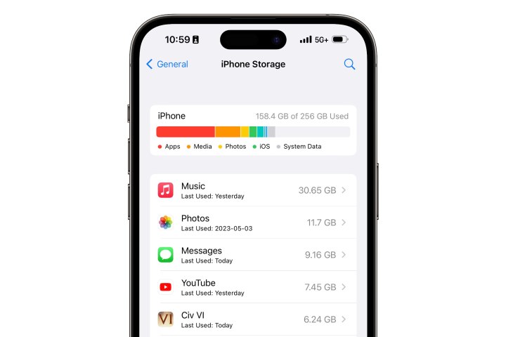 Settings screen on iPhone showing list of apps with how much storage is taken up by each.