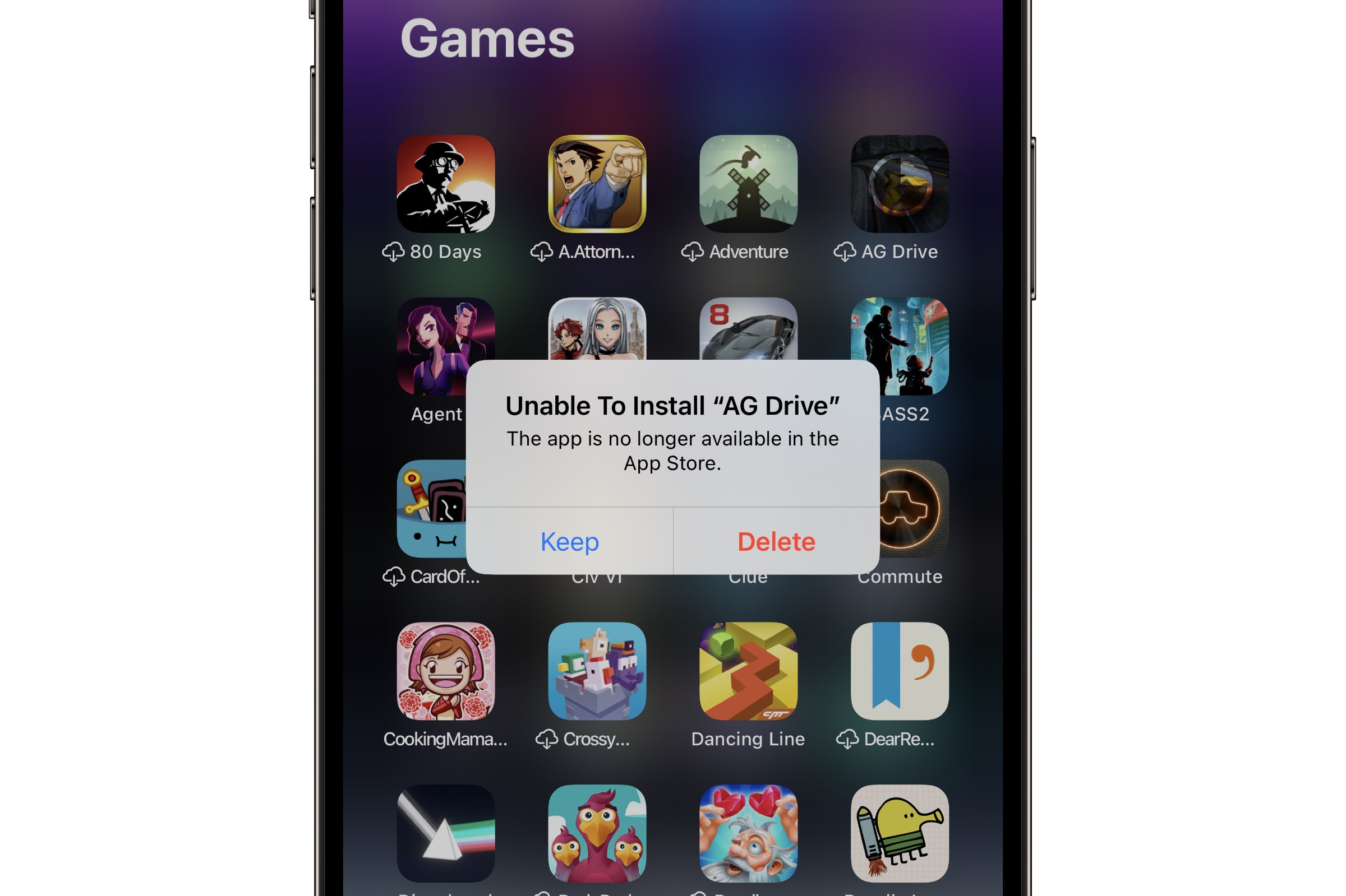 An iPhone showing an error message that an offloaded app cannot be reinstalled.