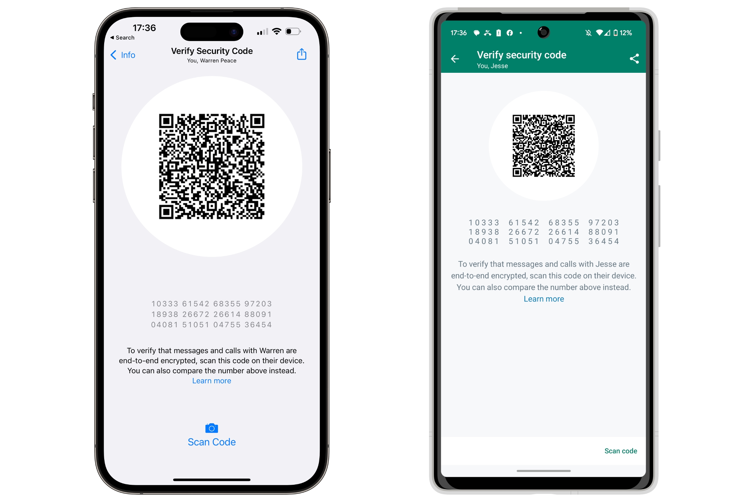 An iPhone 14 Pro Max and a Pixel 6 showing WhatsApp's Verify Code screens.
