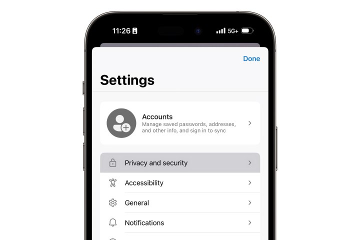 Microsoft Edge on iPhone with Privacy and Security menu option highlighted.