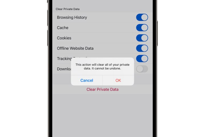 Firefox on iPhone asking for confirmation to clear browsing data.