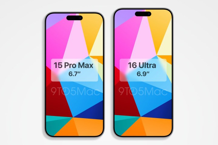 CAD render of the iPhone 16 Pro Max next to the iPhone 15 Pro Max.