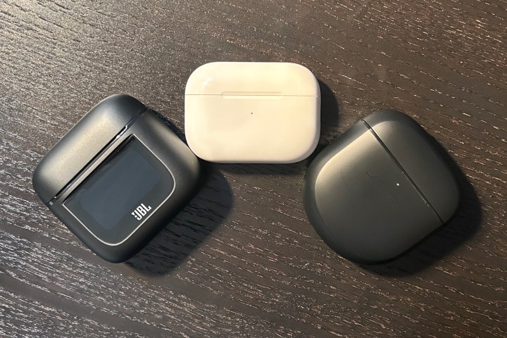 JBL Tour Pro 2, AirPods Pro 2, and Bose QuietComfort Earbuds II case comparison.
