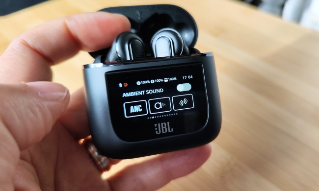 JBL Tour Pro 2 in case, with ambient sound screen displayed.