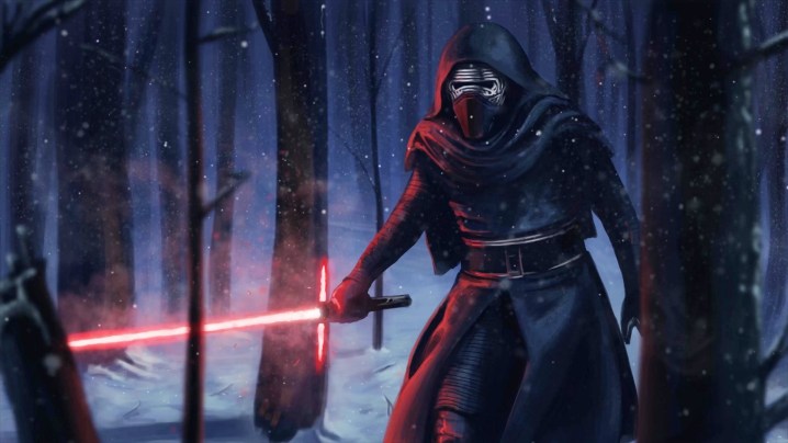 Kylo Ren wields his lightsaber in Star Wars: The Force Awakens.