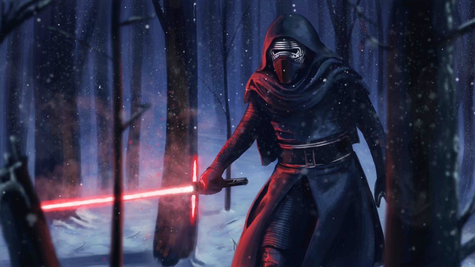 Kylo Ren empunha seu sabre de luz em Star Wars: O Despertar da Força.