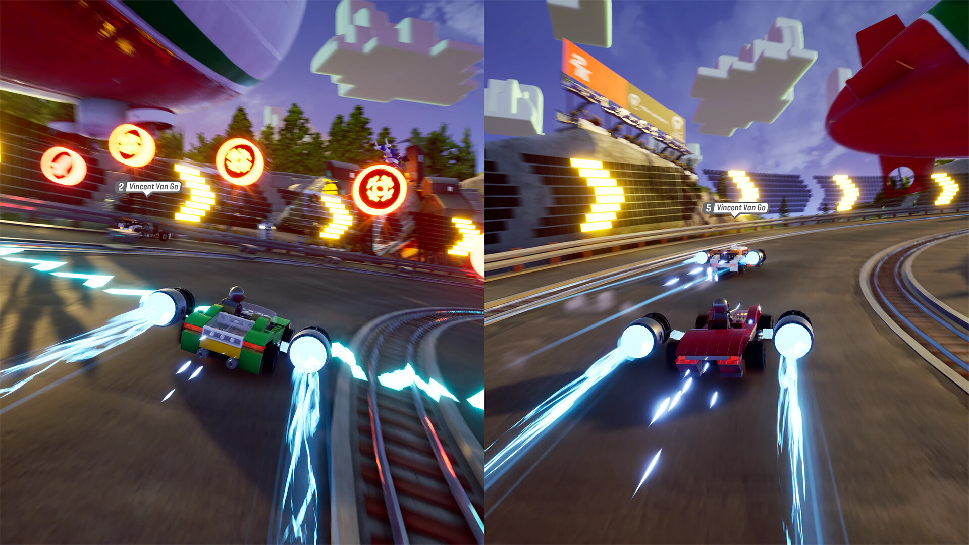 Two players race against one another in Lego 2K Drive.